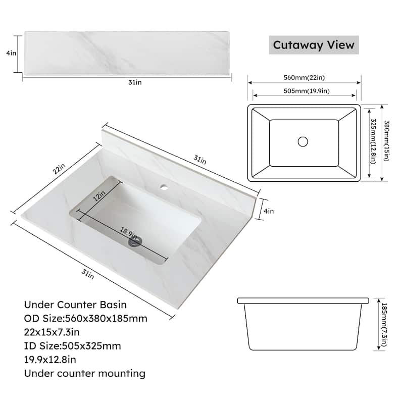31" Marble Vanity Top with Pre-drilled Faucet Holes, Undermount Sink