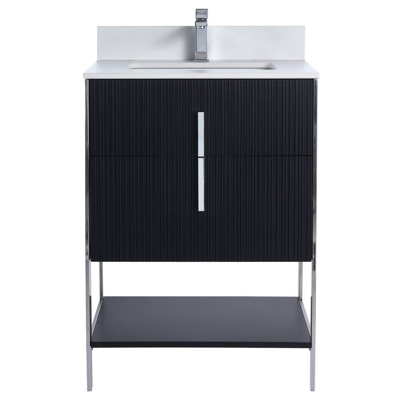 Fine Fixtures Serenity Modern Bathroom Vanity with White Stone Top - Black Matte - Chrome Hardware - 24 inch
