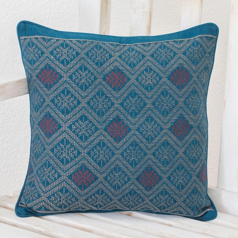 Novica Handmade Azure Geometry Cotton Cushion Cover