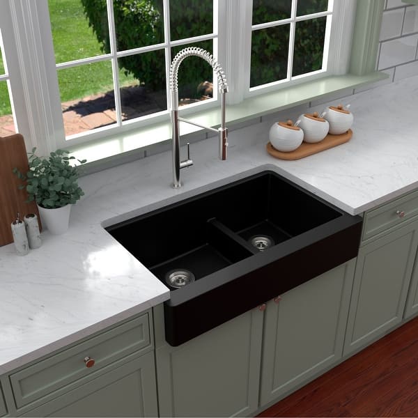 slide 2 of 58, Karran Retrofit Apron-Front Quartz Double Bowl Kitchen Sink
