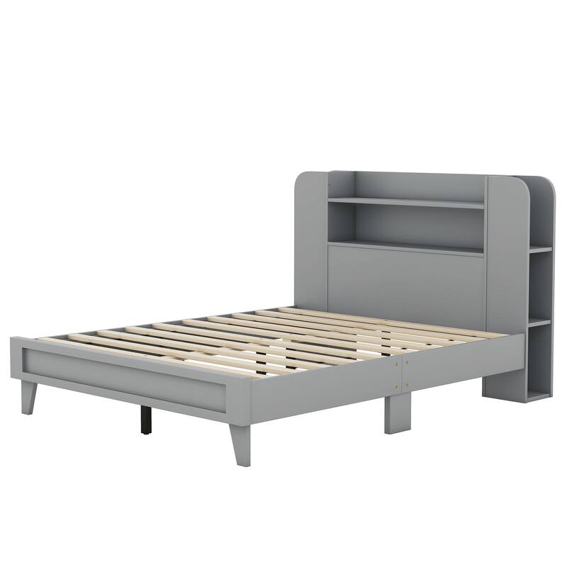 Grey Platform Bed with Storage Bookshelf Headboard Bed Bath & Beyond