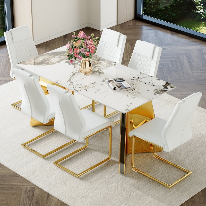 7-Piece Luxury Dining Table and Chair Set, Stone Tabletop Rectangular Table with Stainless Steel Butterfly Legs and 6 PU Chairs - White+Gold