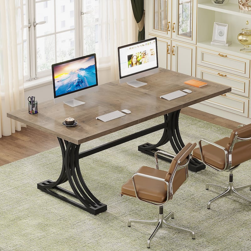 63'' Modern Executive Computer Desk with Trestles Legs, Large Writing Table for Home Office - Grey+Black