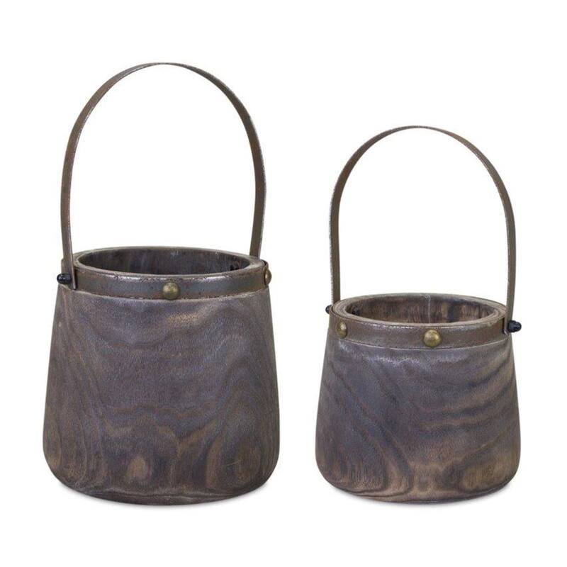 Wooden Pail Planters with Handle - 14" - Set of 2