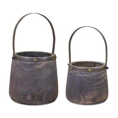 Wooden Pail Planters with Handle - 14" - Set of 2