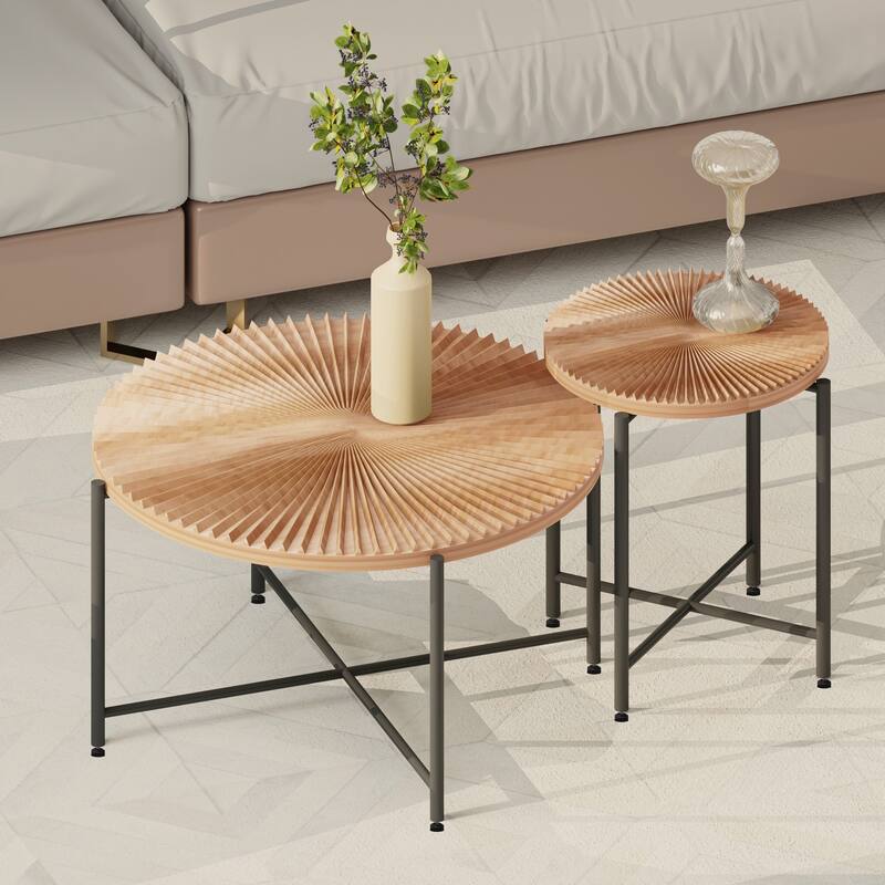 2-Piece Coffee and End Table Set - Waterproof MDF with PVC Cover, Distressed Cylindrical Design