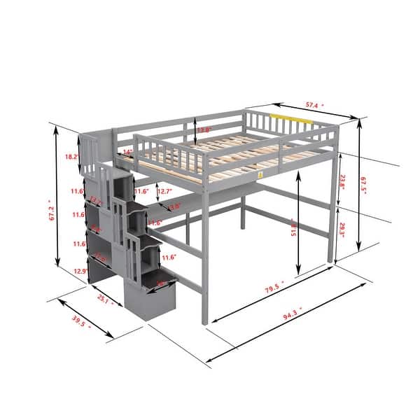 dimension image slide 0 of 2, Full Size Solid Wood Loft Bed with Built-in Desk, Bookshelves and Storage Staircase