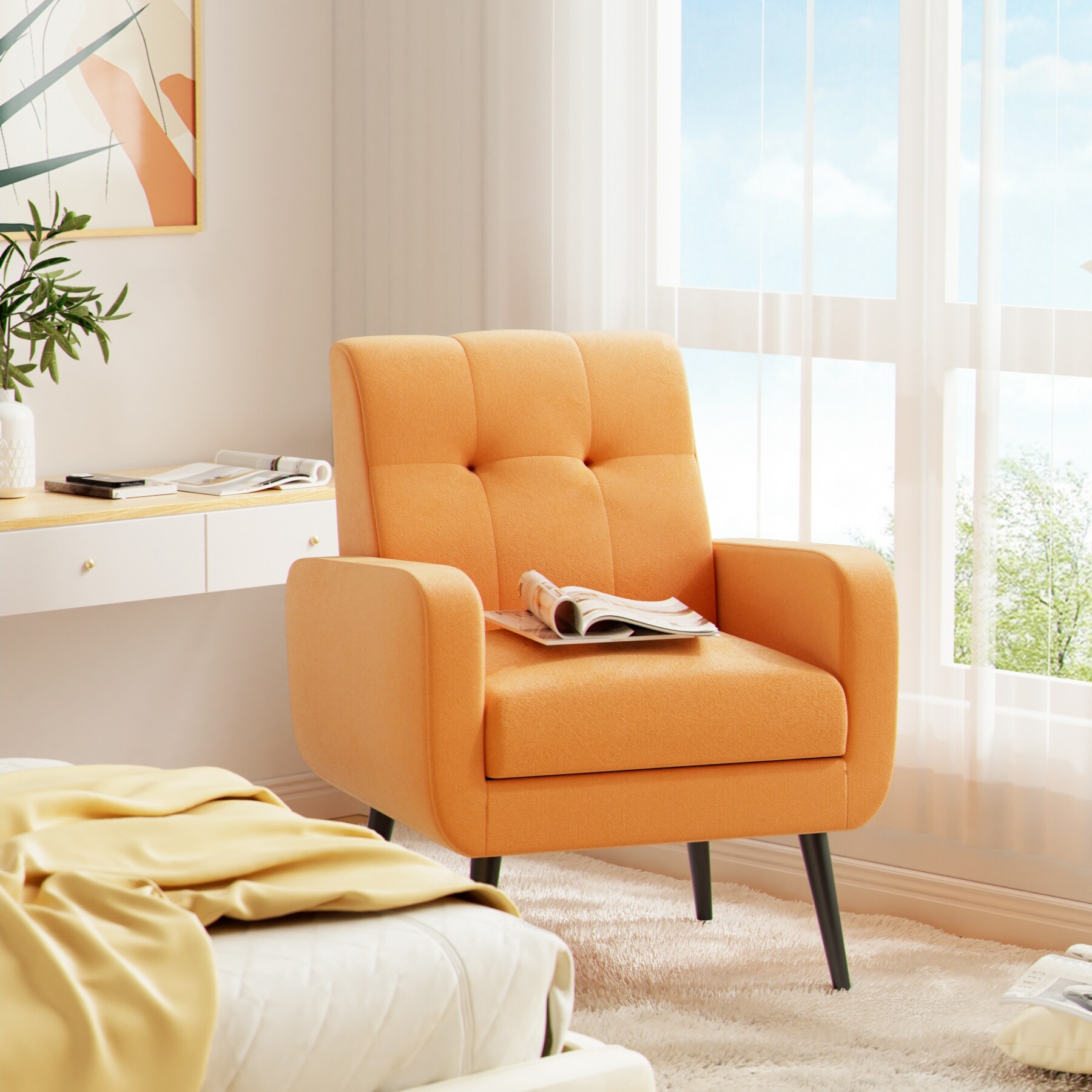 HUIMO Tufted Arm Chair Accent Chair Light Orange Linen Fabric