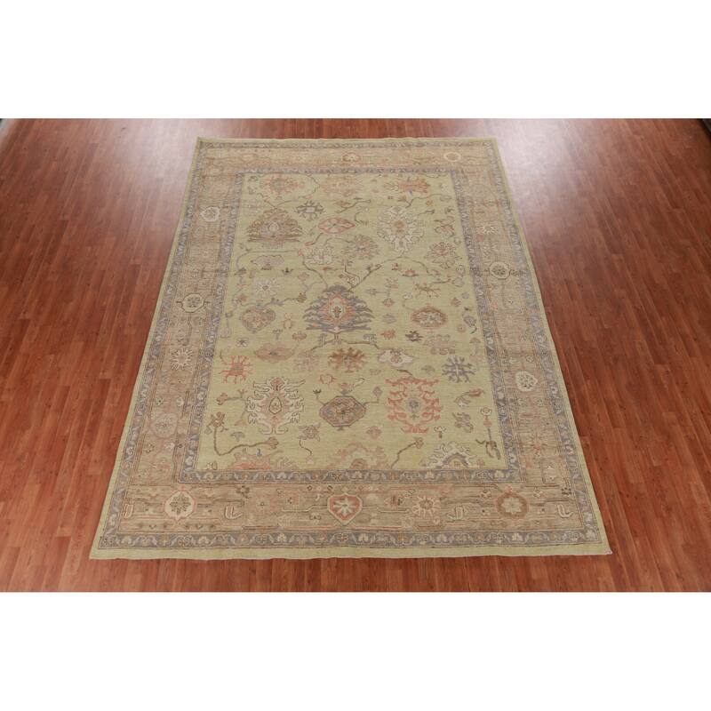 Hand Knotted Oriental 100% Wool Carpet Transitional All-Over Green Oushak Area Rug - 11' 11'' X 8' 10''