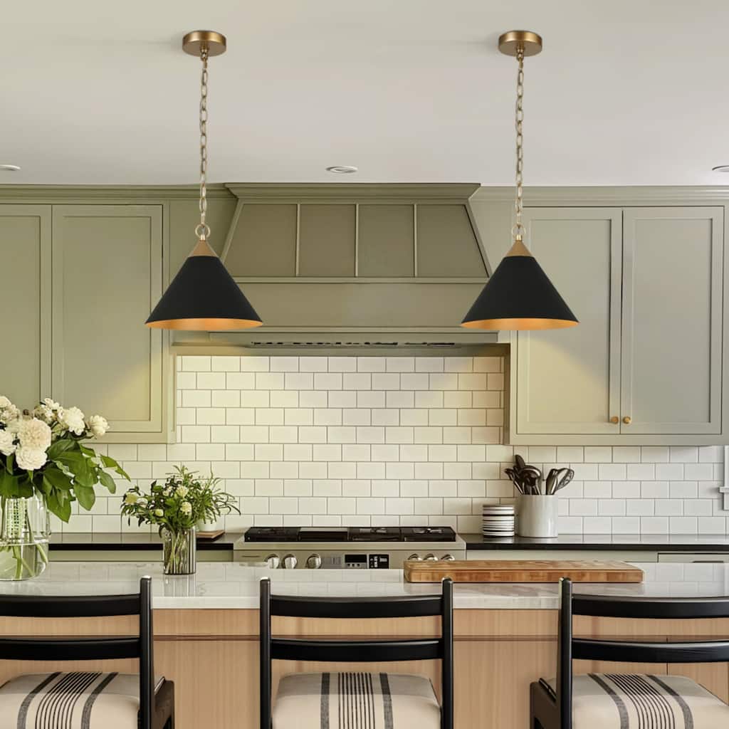 Modern Farmhouse 1-light Black Gold Pendant with Metal Cone Shade Kitchen Islands Lights for Dining Room - 11.8 " × 10 "