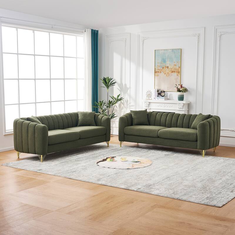 Roomfitters Two 85" Modern Teddy Fabric Sofa Set with Gold Legs, Channel Stitched 2-Piece Living Room Furniture Set - Green