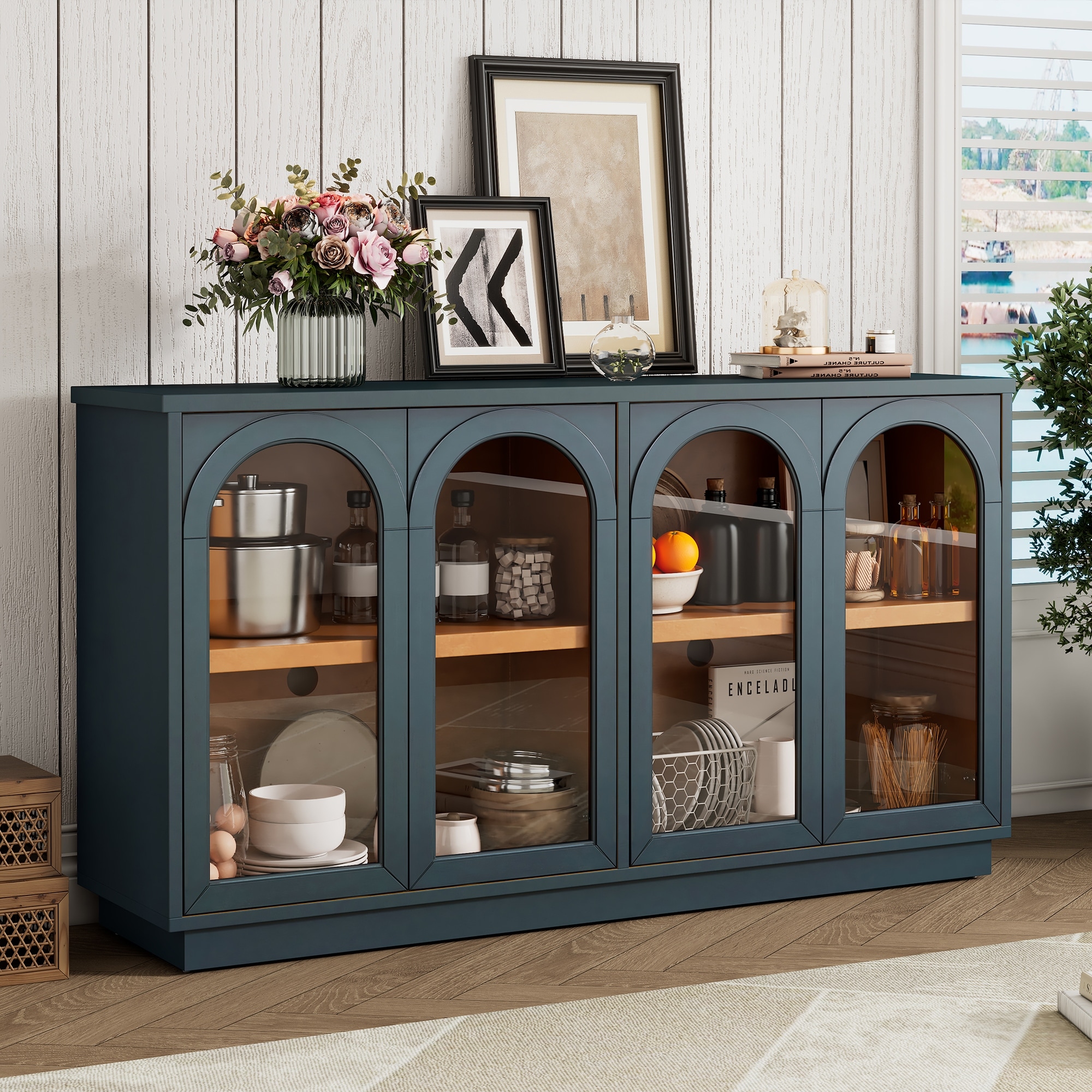 4-Door Large Storage Buffet Cabinet with Glass Doors, Arched Cabinet with Adjustable Shelves for Living Room.
