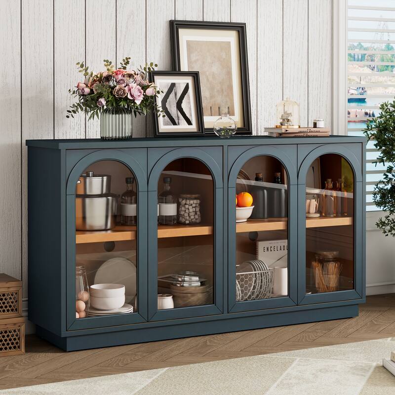 Storage Cabinet Buffet Sideboard with 4 Arched Glass Doors, Wood Accent Entryway Table with Adjustable Shelves - Navy