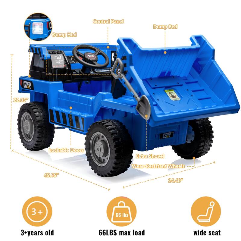 12V Electric Kids Ride-on Dump Truck Toy Car with Dumping Bed, Shovel