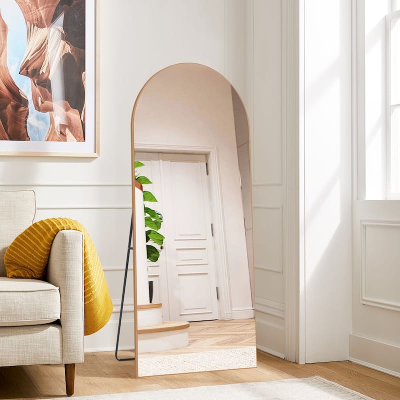 Arched Floor Mirror With Stand,Wood Frame Full Length Mirror,Wall-Mounted Mirror