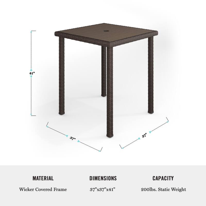 Martha Stewart Outdoor Rattan Wicker Patio Bar Table with Engineered Wood Top - 37"W x 37"D x 41"H