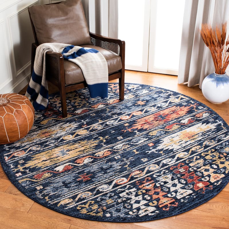SAFAVIEH Charleston Vintage Leidy Bohemian Rug - 6'7" Round - Navy/Ivory