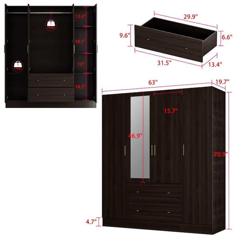 Wardrobe Armoire Wooden Closet with Mirror Storage Cubes Hanging Rod