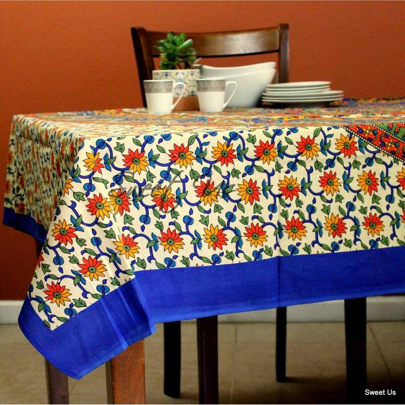 Cotton Elephant Floral Shine Tablecloth Rectangle - 84 x 94 in - Blue