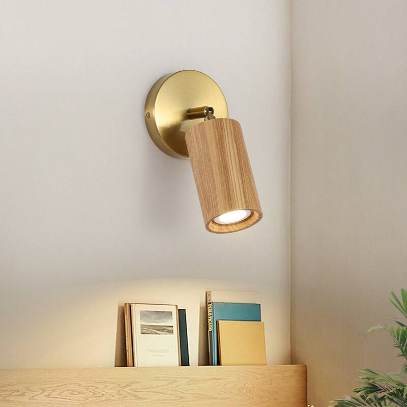 Modern Cylinder Wood Grain Dual-Mount Adjustable Wall Sconce - 4.7in - Brass & Ash