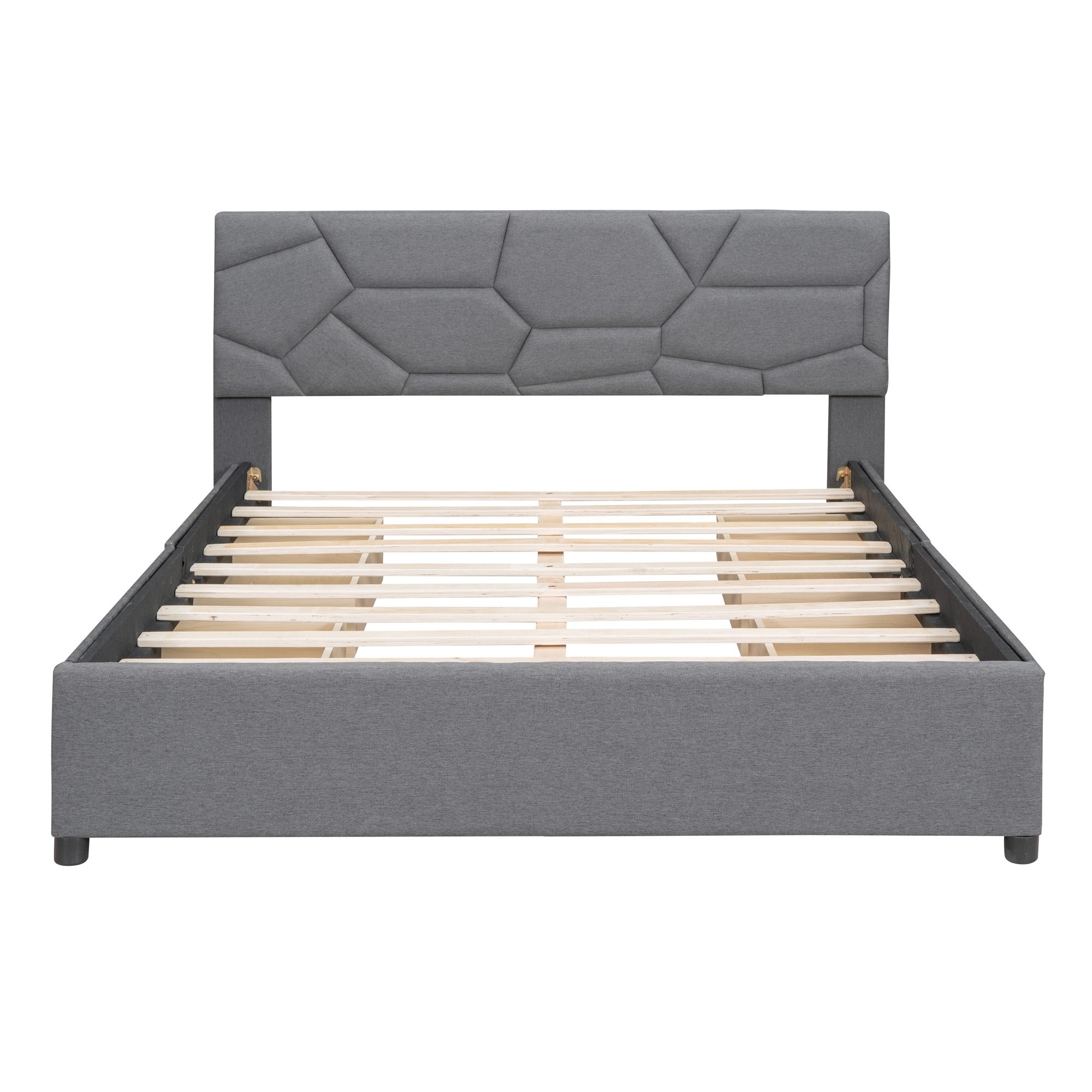 Queen Bed Frame with Drawers and Brick Pattern Headboard Grey