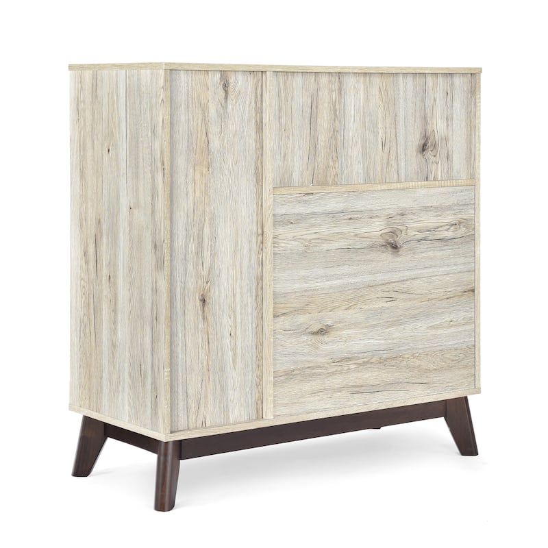 Roomfitters Mid-Century Modern Storage Cabinet with Two Drawers and Open Shelves, Wood Grain Finish
