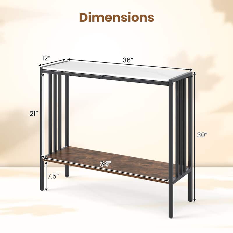 36 Inch 2-Tier Narrow Console Table with Sintered Stone Top and Metal Frame for Entry or Living Room - 36" x 12" x 30"