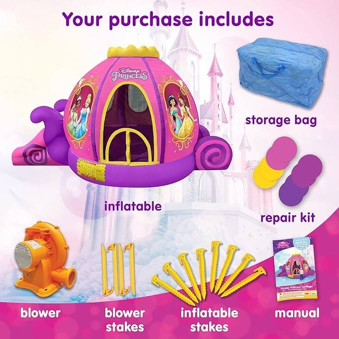 Disney Princess Carriage Inflatable Pink Bounce House with Slide and Ball Pit, Indoor Outdoor Bouncy Castle for Kids Ages 3-8
