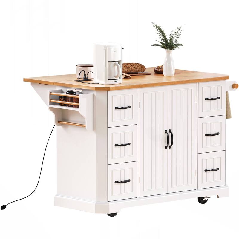 Kitchen Island with Rubber Wood Veneer Drop Leaf, Power Outlet, 4 Door Shelves - White
