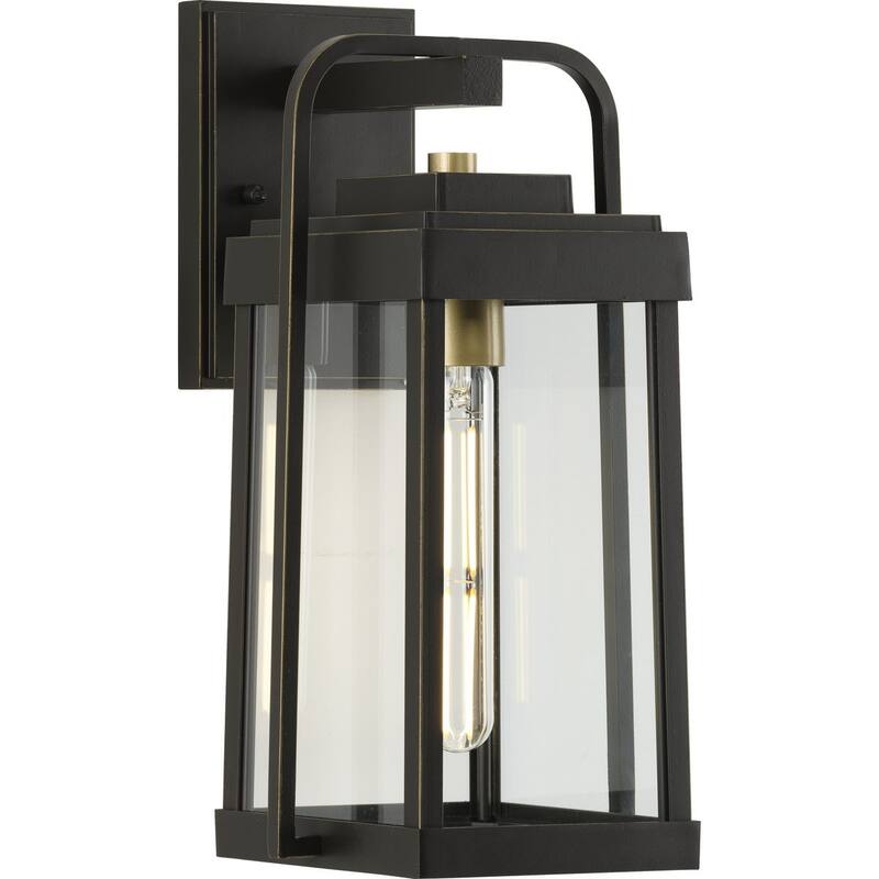 Walcott Collection One-Light Antique Bronze with Brasstone Accents Clear Glass Transitional Outdoor Wall Lantern Light - 7.125 in x 7.37 in x 14 in