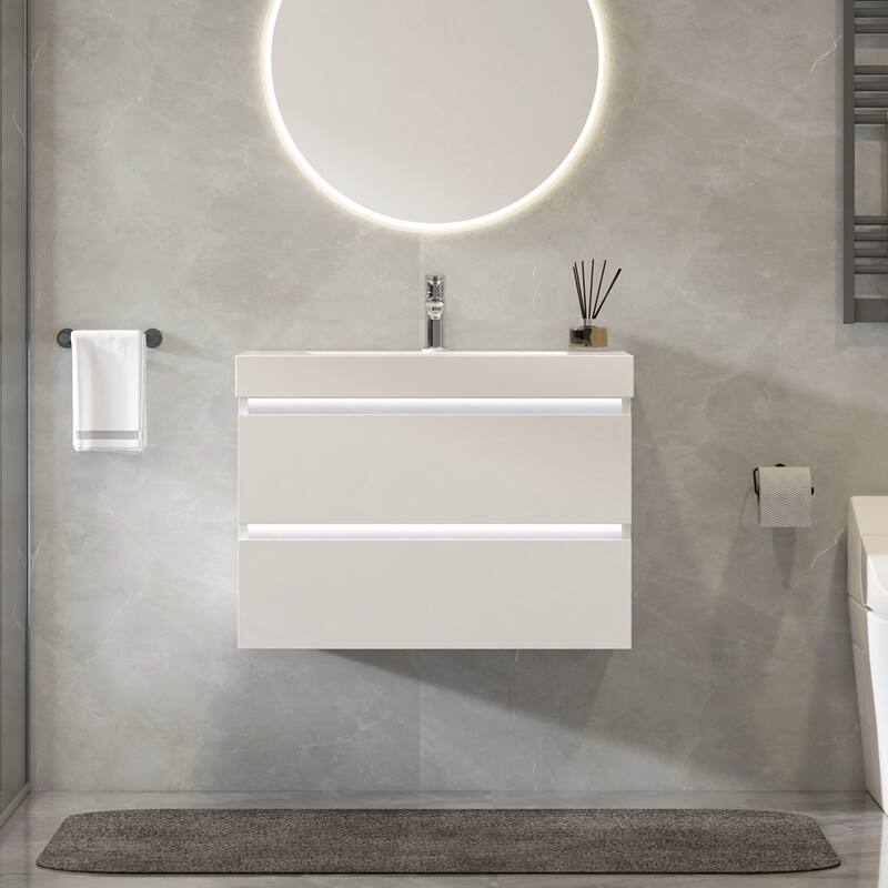 Vanity Art LED Light 24-Inch Single Sink Wall Hung Bathroom Vanity Set White Stone Top Glossy Finish with Sensor Switch - White - Glossy