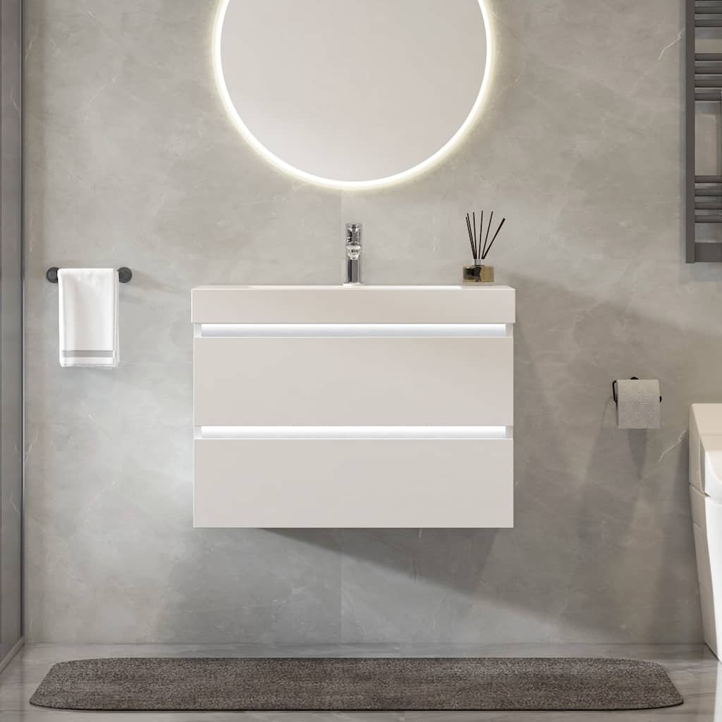 Vanity Art LED Light 24-Inch Single Sink Wall Hung Bathroom Vanity Set White Stone Top Glossy Finish with Sensor Switch