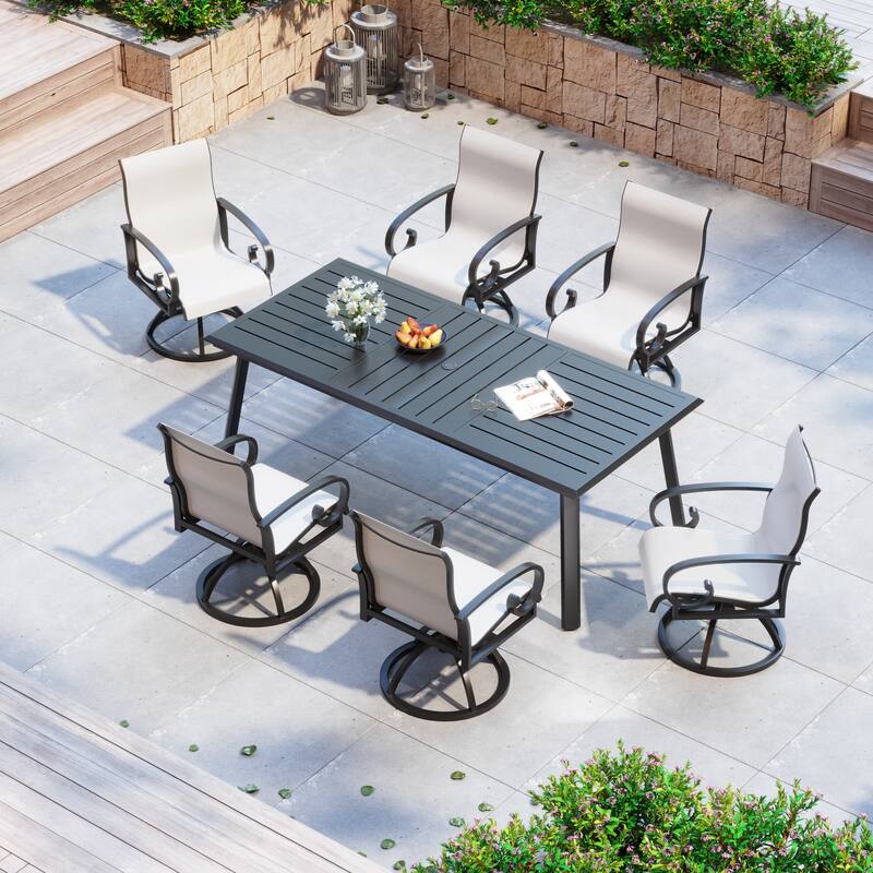 7/9PC Outdoor Patio Aluminum Dining Table with Sunbrella Swivel Dining Chairs - AUGUSTINEOYSTER-82.7inTable-7PC