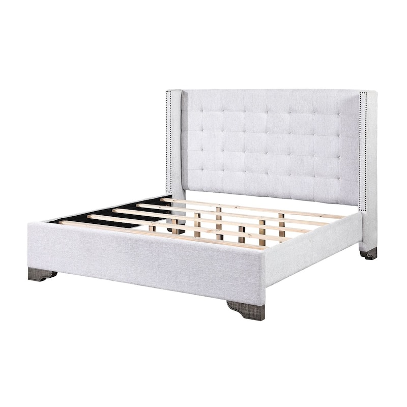 Queen Bed Frame Tan Fabric Wingback Nailhead Headboard Old World Style