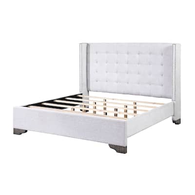 Queen Bed Frame Tan Fabric Wingback Nailhead Headboard Old World Style