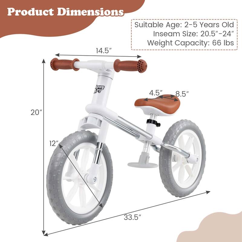 Honeyjoy 12" Balance Bike 2 Wheels Children’s Bicycle with Adjustable - See Details