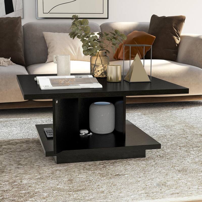 Ross Modern Square Coffee Table with Wrap Around Base Shelf and Hidden Storage by Strick & Bolton - 31-inch - Black