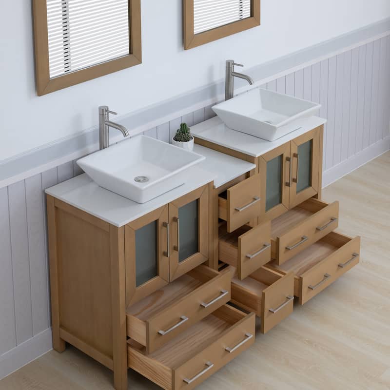 Vanity Art 60" Double Sink Bathroom Vanity Set with Engineered Marble Top and Free Mirror - 60 W X 18.5 D X 31.1 H