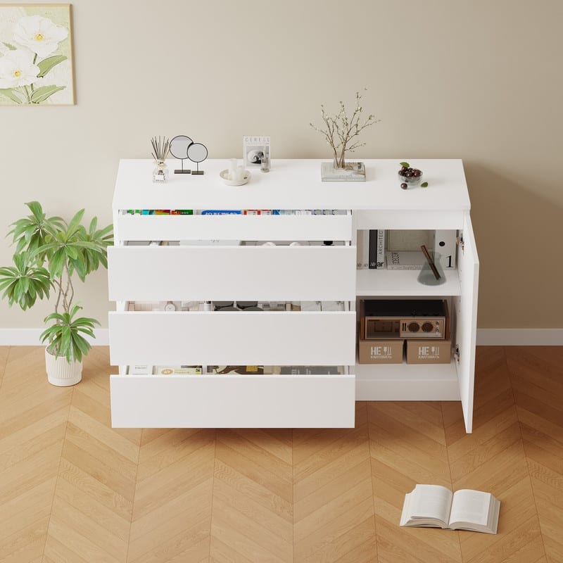 Modern White Wooden Side Cabinet with Hidden Drawers - Versatile Storage Organizer