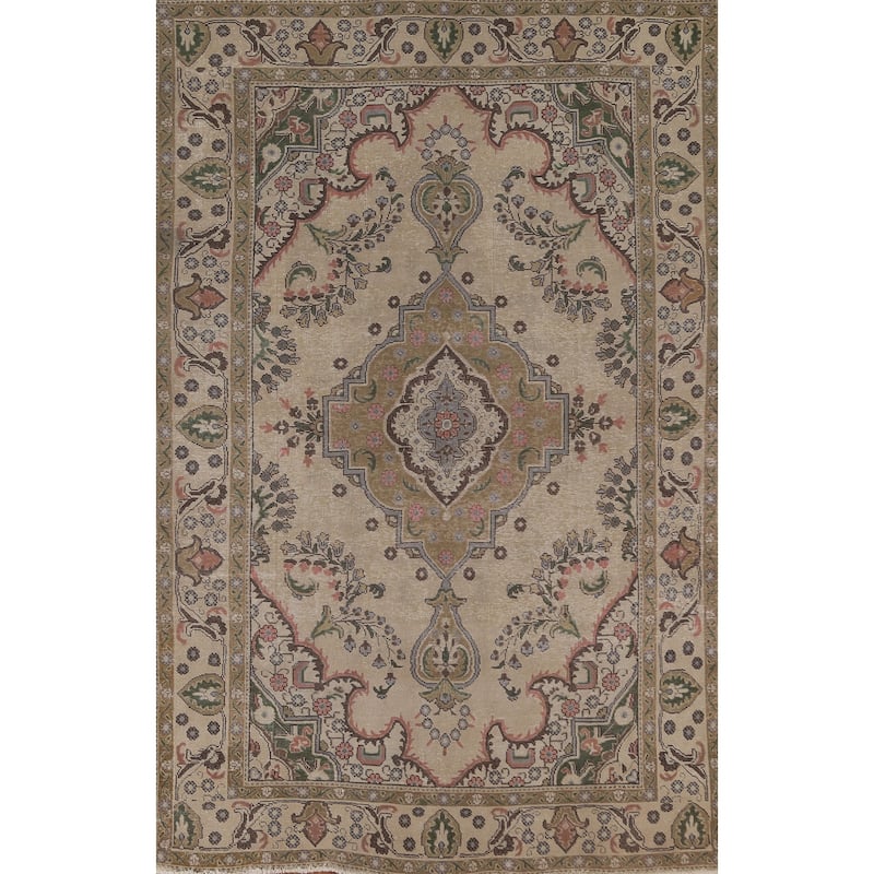 Beige Tabriz Persian Vintage Area Rug Handmade Wool Carpet - 6'3"x 9'7"