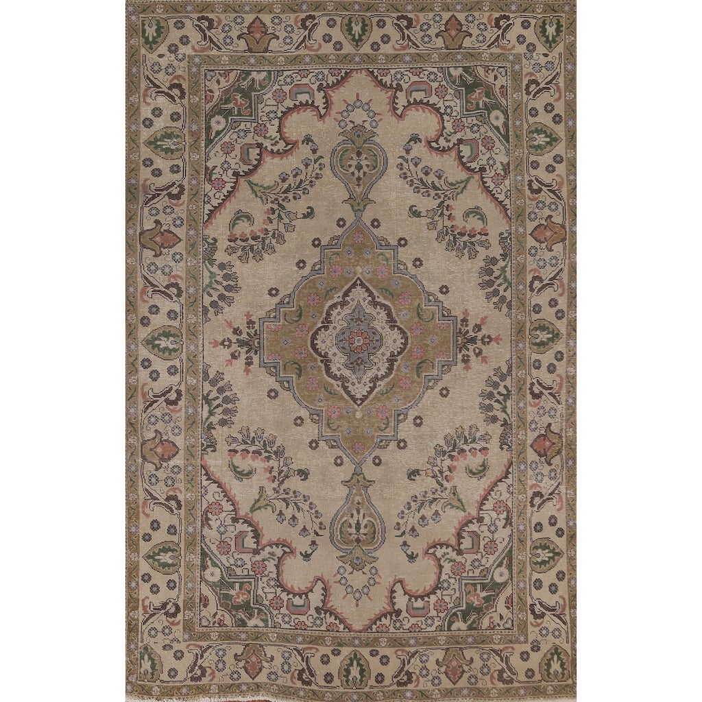 Beige Tabriz Persian Vintage Area Rug Handmade Wool Carpet - 6'3"x 9'7"