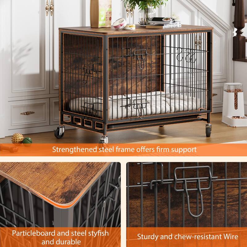Dog Crate Furniture with Double Doors, Cage with Wheels and Tray
