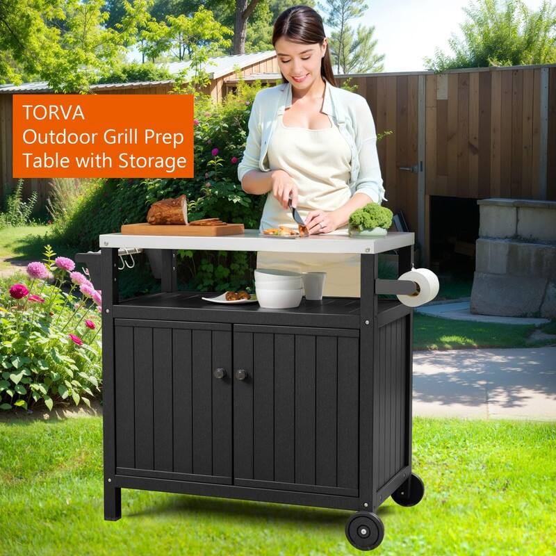 HDPE Portable Outdoor Grill Cart, Waterproof BBQ Prep Table, 304 Stainless Steel Top, Camping Cart 42.12" L x 20.71" W, Black