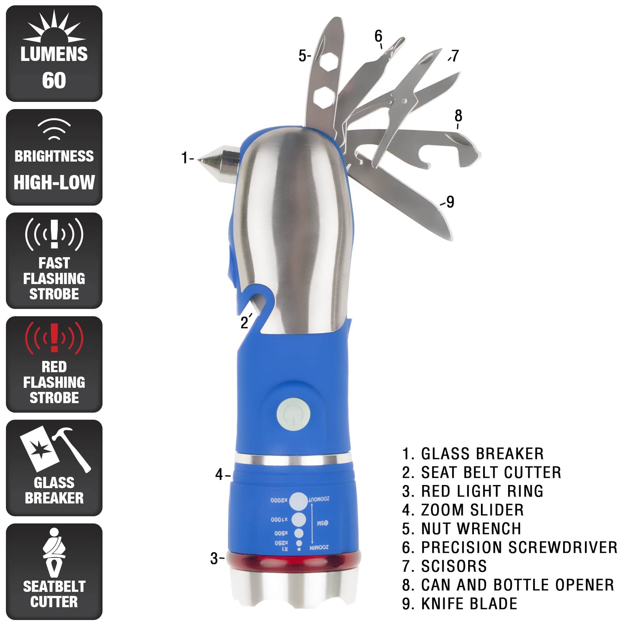 Multi Tool LED Flashlight with Glass Breaker and Seatbelt Cutter - Bed ...