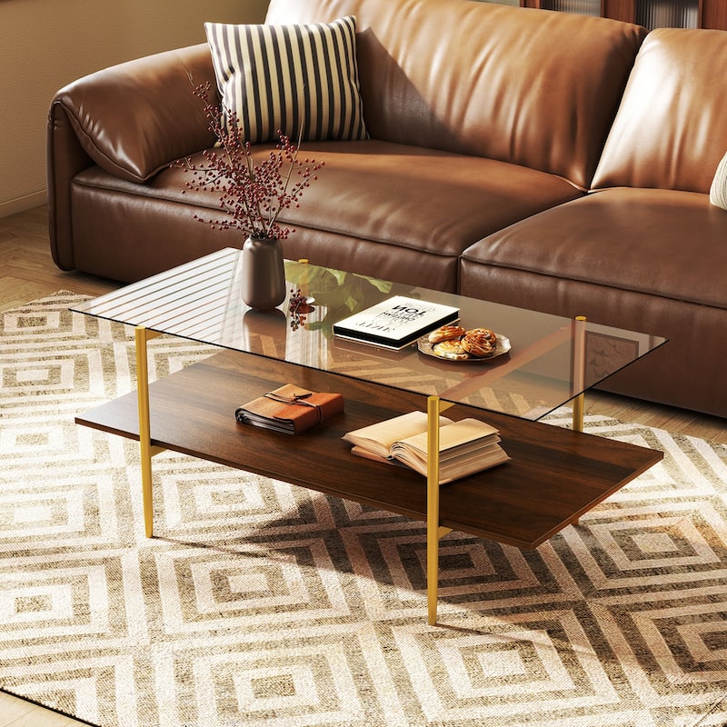 2-Tier Brown and Gold Coffee Table with Tempered Glass Top and Storage Shelf Modern Living Room Decor - 41" x 21" x 17.5"