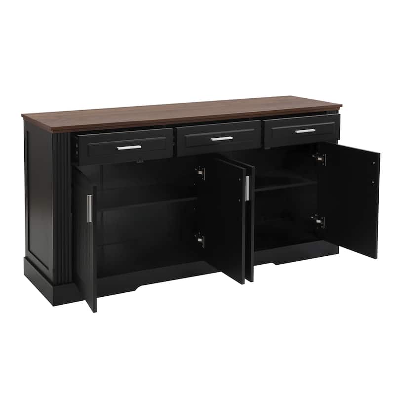 Fluted Sideboard Cabinet with 4 Doors & 3 Drawers, Wood Storage Console Table, Coffee Bar Cabinet with Adjustable Shelf