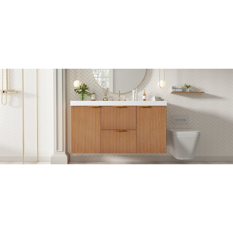 42" Modern Wall-Mounted Bathroom Vanity with SMC Top, Floating Storage Cabinet with Solid Wood Frame