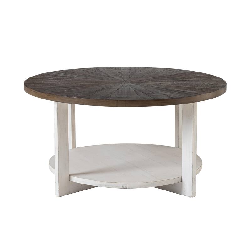 COZAYH Farmhouse Coffee Table with Storage Shelf, Rustic Round Country Accent Table with Stunning Radial Pattern, End table