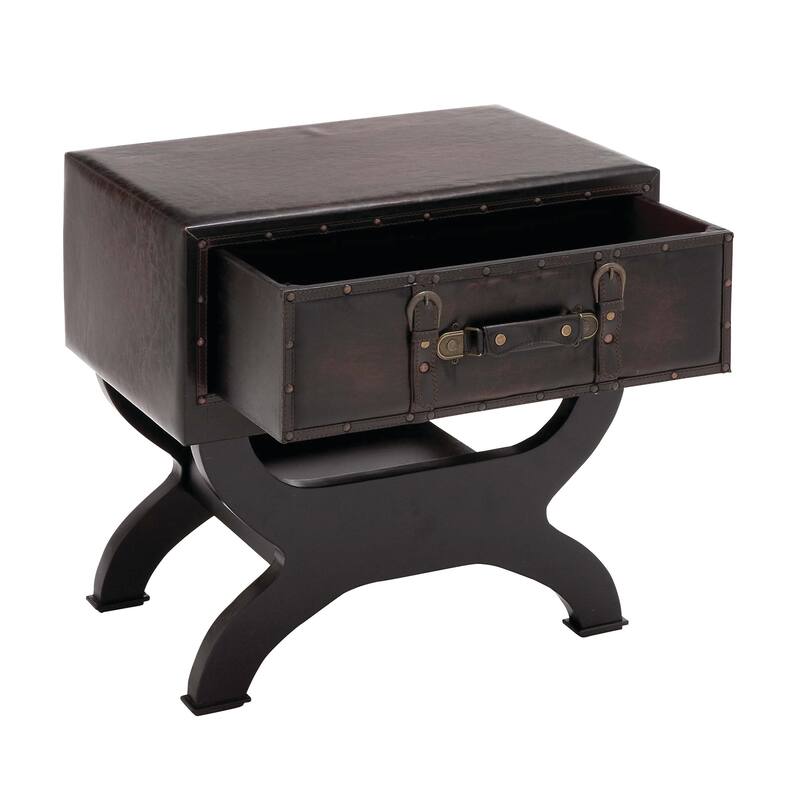 Brown Faux Leather Vintage Style Single Drawer Accent Table with Curved Legs