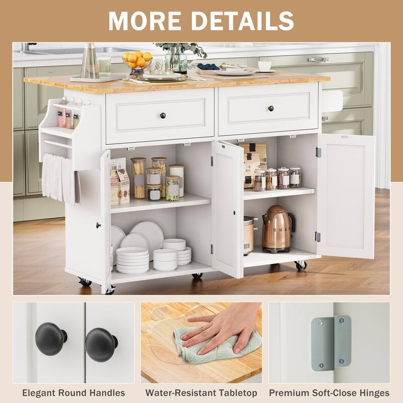 EROMMY 52" Large Kitchen Island Cart with Drop Leaf, 2 Drawers, Storage Cabinets, Rolling Mobile Island